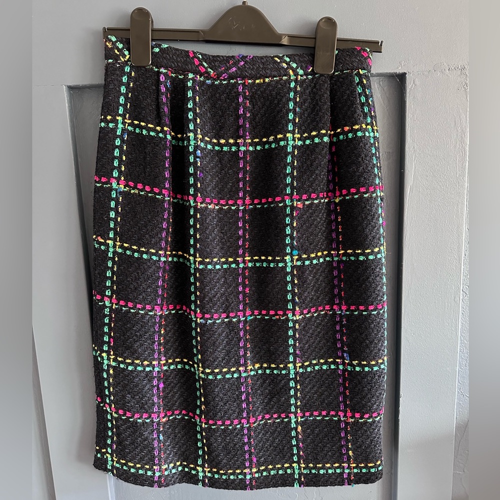 Vintage wool tweed pencil skirt (navy, pink, green, metallic, yellow colors! (S)